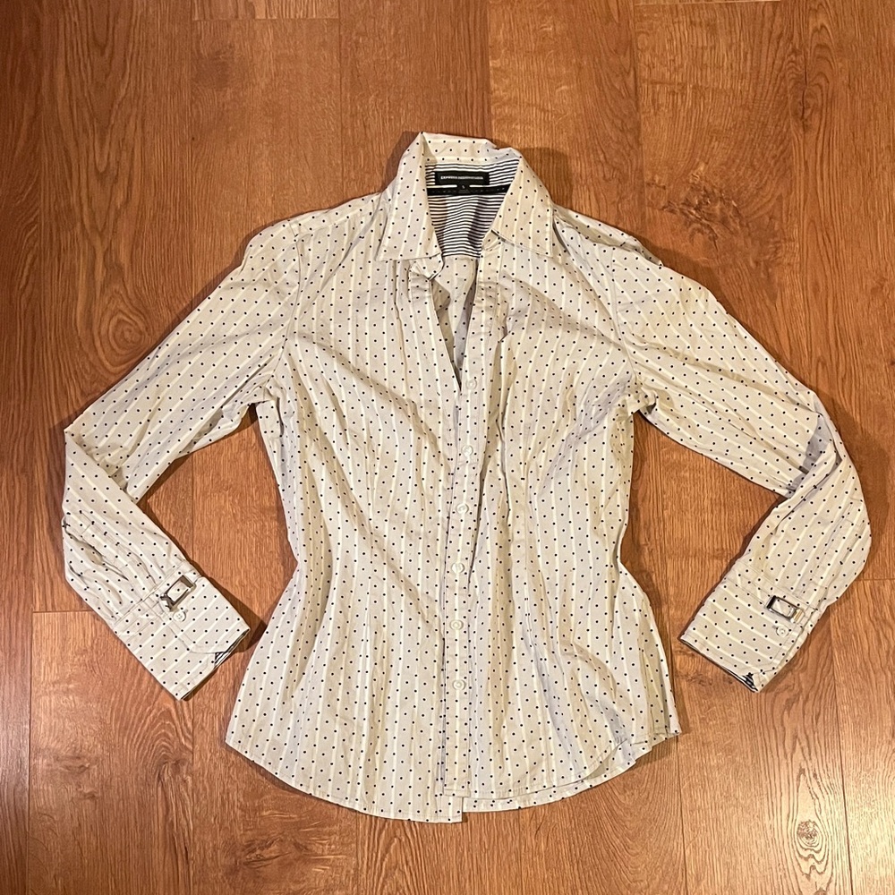 Express Design Studio Tailored Polka-Dot Button-Up Shirt with Metal Cuffs Size S